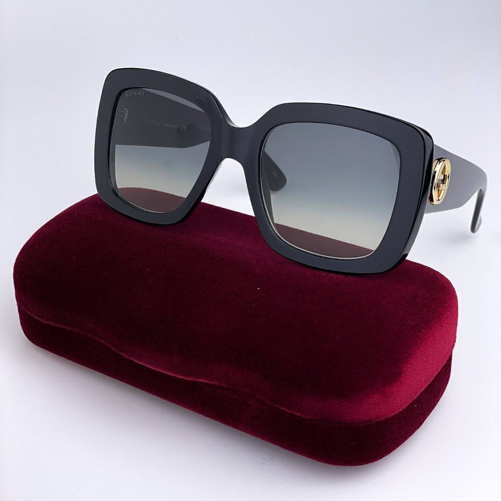 New GUCCI GG0141SN 001 Black Gold Logo Gray Gradient Square Women Sunglasses